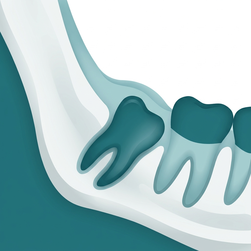 Illustration of a distal (angled back) wisdom tooth impaction