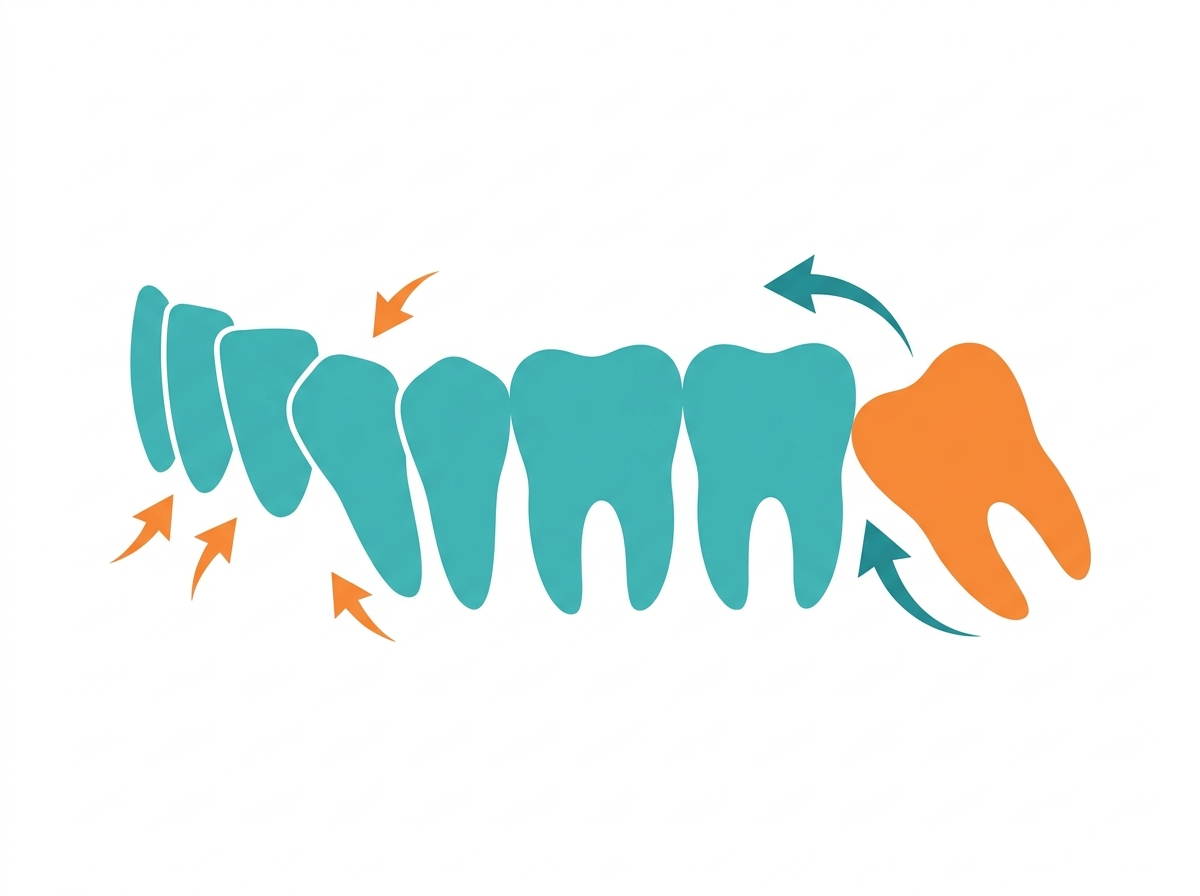 Illustration of wisdom tooth eruption pushing neighbouring teeth out of alignment