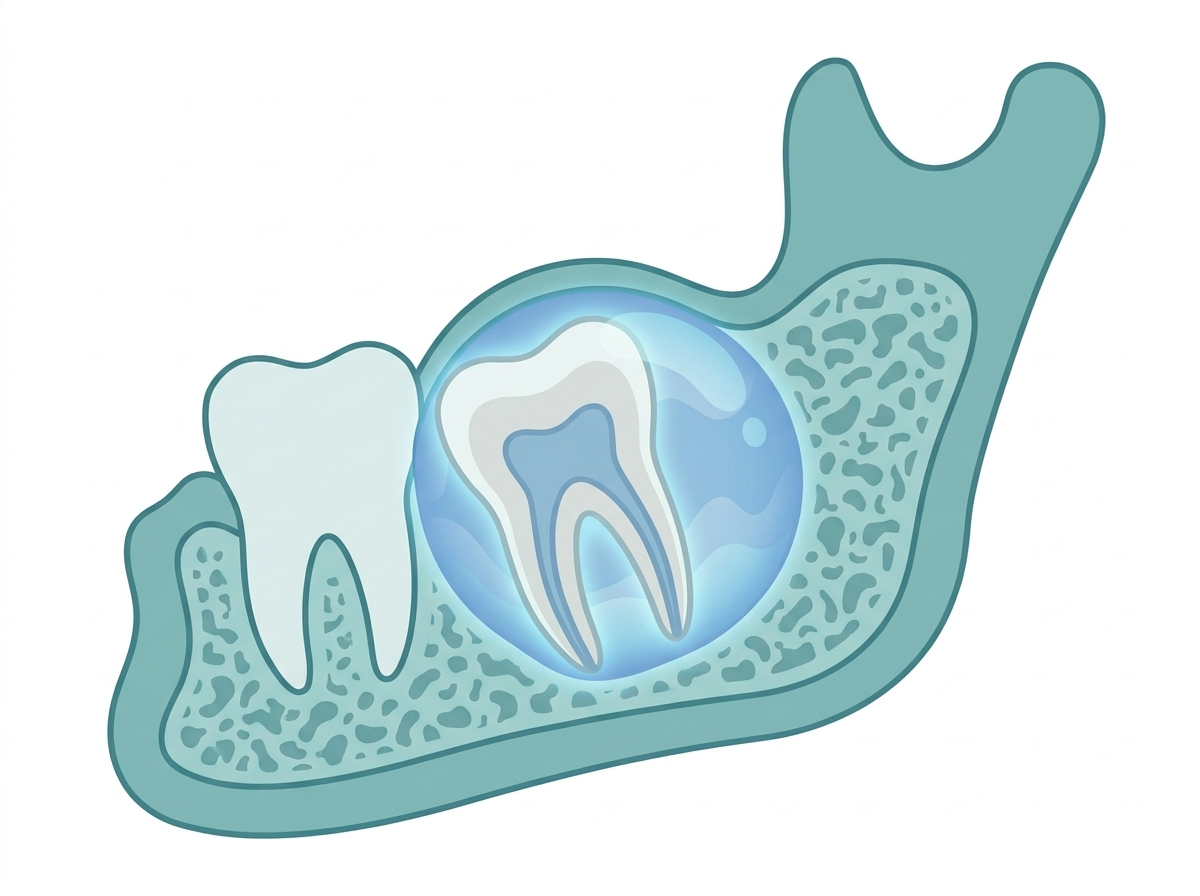 Illustration of a dentigerous cyst forming around an impacted wisdom tooth inside the jawbone