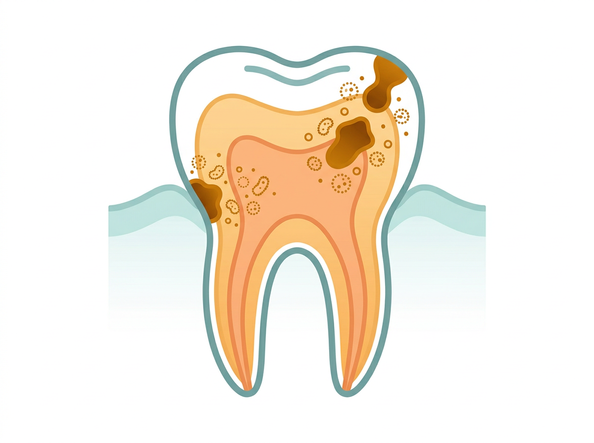 Illustration of tooth decay and cavities forming on a wisdom tooth due to difficulty cleaning