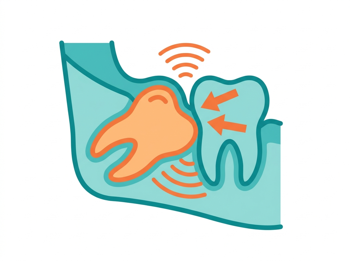 Illustration of an impacted wisdom tooth pressing against neighbouring teeth causing pain and pressure