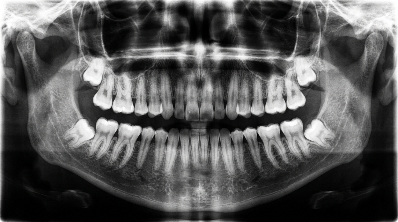 Panoramic dental X-ray (OPG) showing all four wisdom teeth including impacted third molars in the jaw